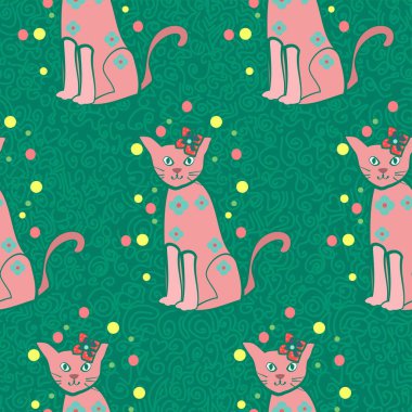 Şirin kedi vektörü, yeşil ve pembe benekli tekrarlayan desenler.