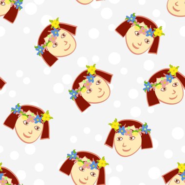 Şirin gülen kız, yüzü pürüzsüz vektör. Gri ve beyaz benekli arka planda çiçeklerle tekrar eden desen.