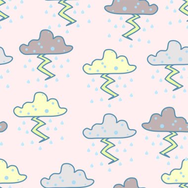 Gök gürültülü fırtına bulutları yağmur ve yıldırımlarla tekrarlanabilir desen oluşturur pembe, sarı ve gri tonlarında dekoratif noktalı tasarım elementleriyle.