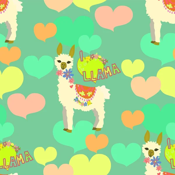 Love Llama Text Vector Repeable Seamless Pattern Cute Llamas Surrounded — стоковый вектор