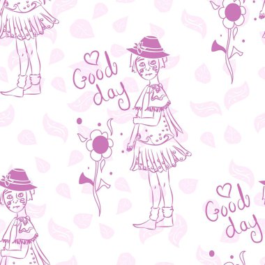 Sketchy vektör deseni 'İyi günler' metni ve pembe beyaz, çiçekli ve benekli şirin küçük kız