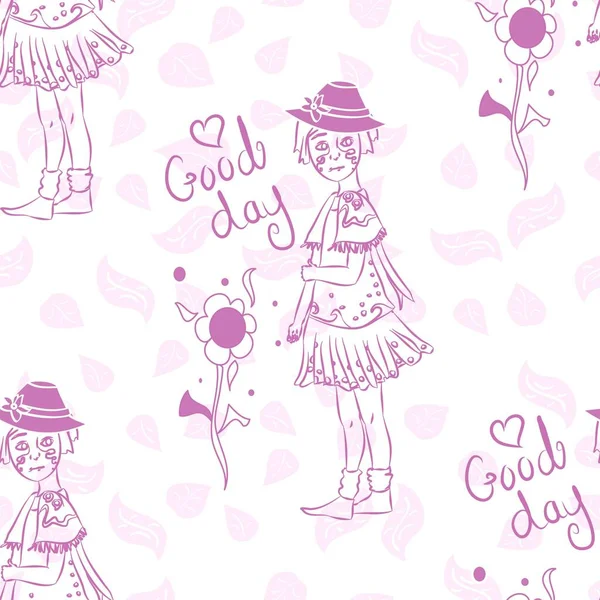 Sketchy vektör deseni 'İyi günler' metni ve pembe beyaz, çiçekli ve benekli şirin küçük kız