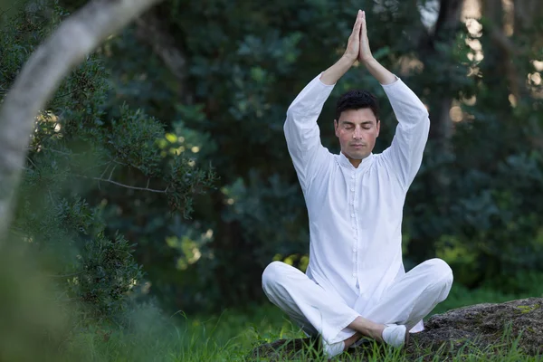 Man sitter i parken gör meditation Stockfoto