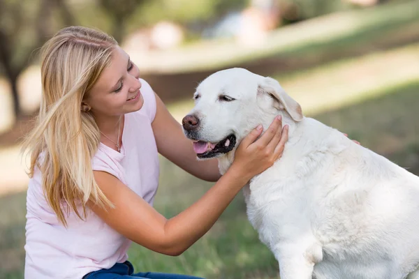 Blondýna teenager čtrnáct let labrador pes v parku — Stock fotografie