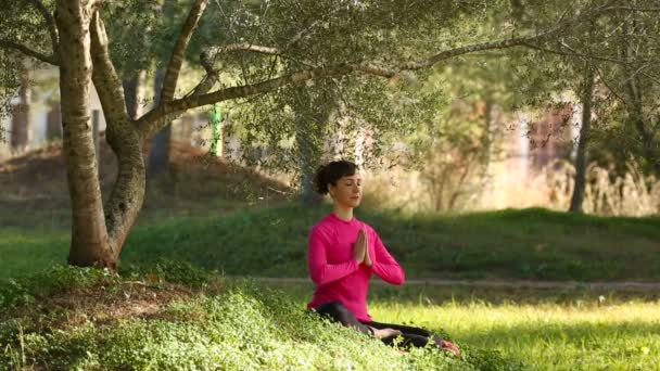 Кавказская женщина медитирует в зеленом парке — стоковое видео