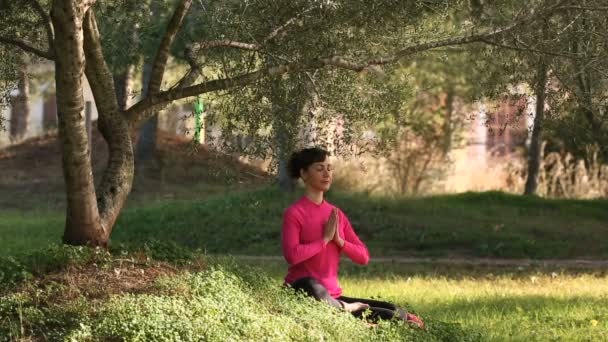 Giovane donna che pratica la meditazione nel parco — Video Stock