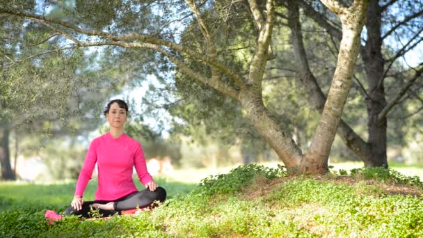 Joven mujer caucásica practicando meditación al aire libre — Vídeos de Stock