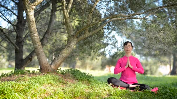 Mujer caucásica practicando meditación en el parque — Vídeos de Stock