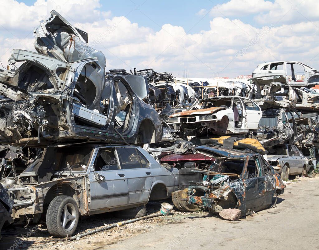 Car bodies stacked at the junkyard