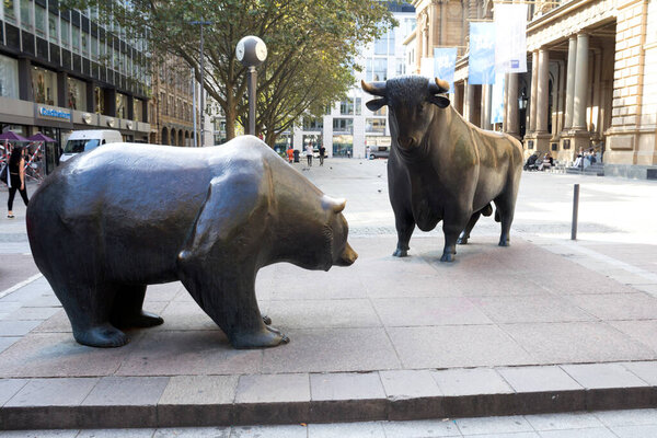 The Bull and Bear Statues at the Frankfurt Stock Exchange in Frankfurt, Germany. Frankfurt Exchange is the 12th largest exchange by market capitalization.