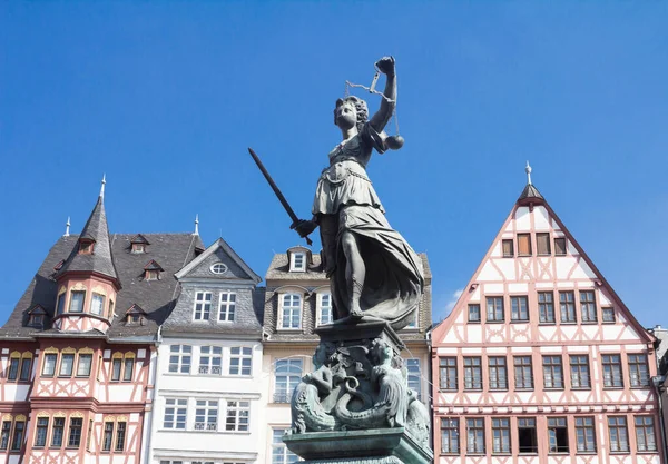 Old Town Square Romerberg Justitia Statue Frankfurt Germany — Stock Photo, Image