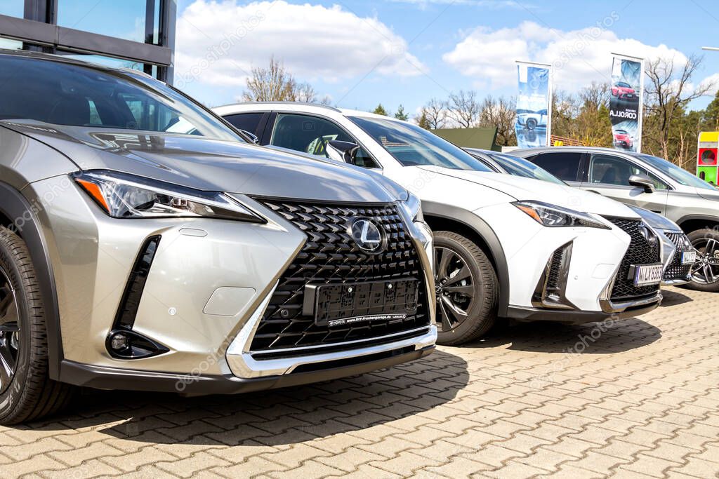 Nurnberg, Germany - LEXUS cars parked in front of car dealer. view of parked luxury cars in row
