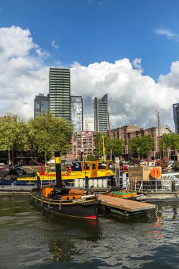 Rotterdam 'ın şehir merkezindeki Leuvehaven limanının görüntüsü. Rotterdam 'ın merkezinde, Erasmus Köprüsü yakınlarında yer almaktadır.