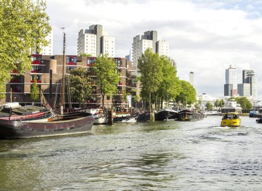 Rotterdam 'ın şehir merkezindeki Leuvehaven limanının görüntüsü. Rotterdam 'ın merkezinde, Erasmus Köprüsü yakınlarında yer almaktadır.