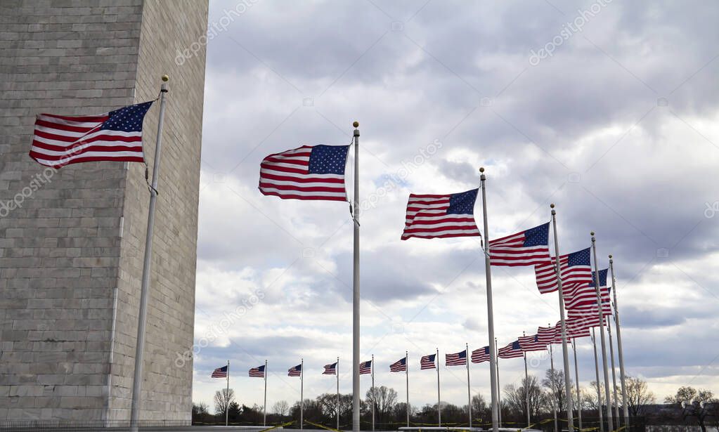 Washington Monument flags circle in DC United States, USA