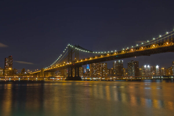 Manhattan Bridge and lower Manhattan at night ,New York City, USA