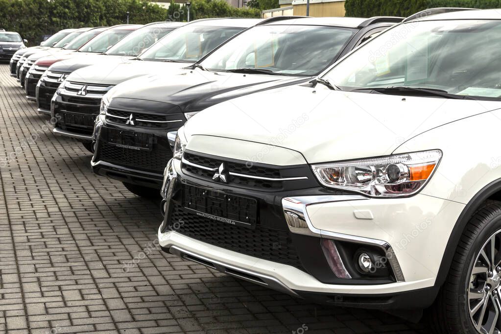 Nurnberg, Germany : A row of Mitsubishi cars. Mitsubishi Dealer center