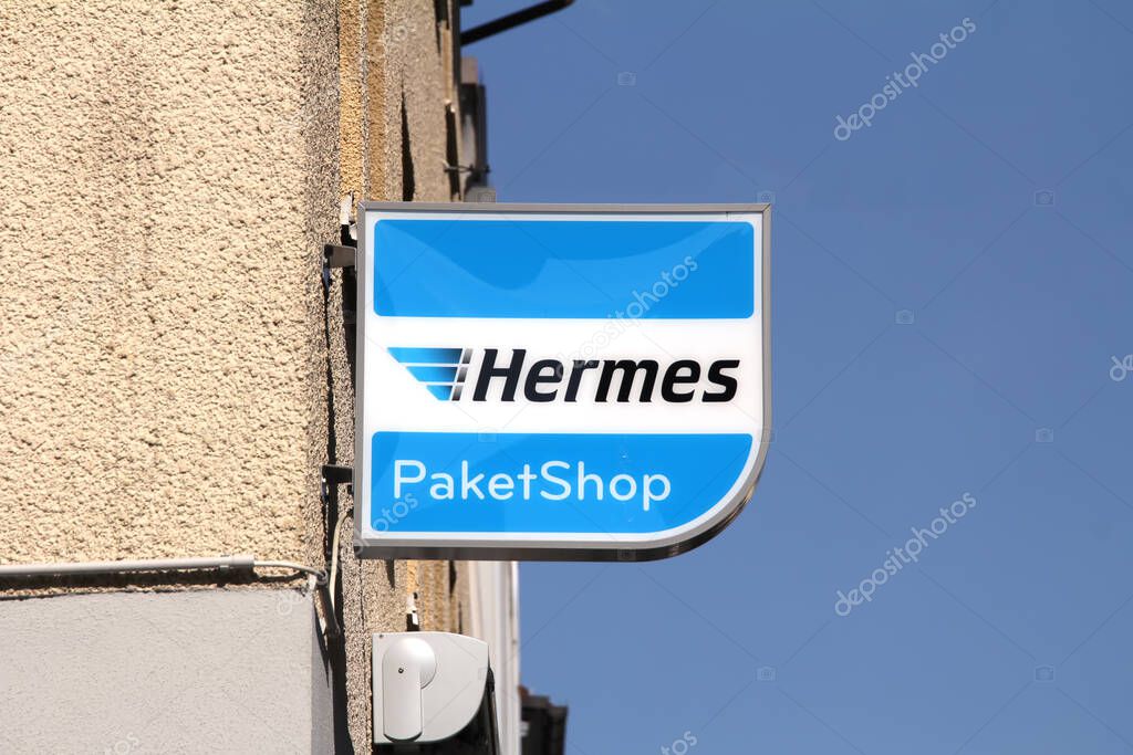 Ansbach, GERMANY : Hermes logo on on a pole, Hermes is Germany's largest post-independent logistics service provider for deliveries to private customers
