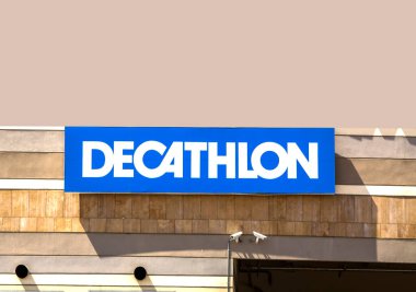 Izmir, Turkey, The logo of Decathlon S.A. - French international sporting goods retailer. Decathlon is the largest sporting goods retailer in the world. clipart