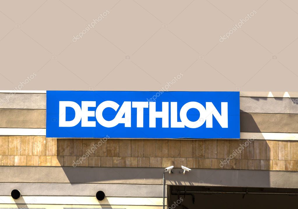 Izmir, Turkey, The logo of Decathlon S.A. - French international sporting goods retailer. Decathlon is the largest sporting goods retailer in the world.