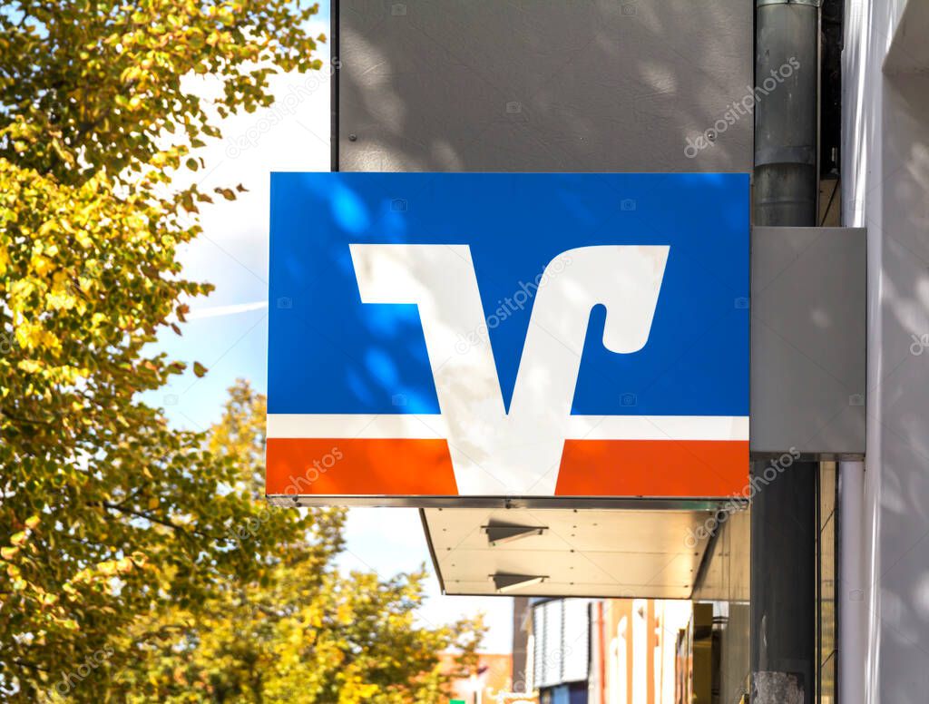 Neumarkt in der Oberpfalz, GERMANY: Volksbank branch. Sign with the logo of the german credit union Volksbank - Raiffeisenbank.
