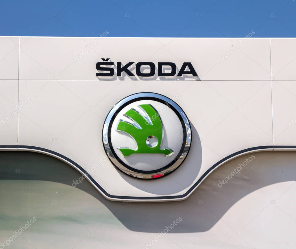 Furth, Germany : Skoda logo on a car dealer in Bavaria. Skoda is a Czech automobile manufacturer founded in 1895 as Laurin and Klement.