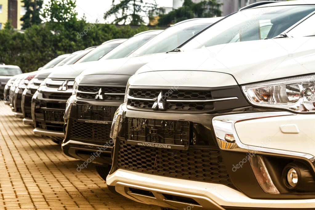 Nurnberg, Germany : A row of Mitsubishi cars. Mitsubishi Dealer center