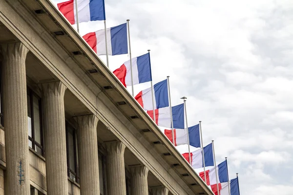 Closeup Row French Flags Waving Roof Top — Stock Photo, Image