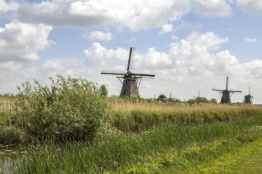 Hollanda 'da Kinderdijk, Rotterdam' daki ünlü turizm sahasında yel değirmenleri olan kırsal bölge. Eski Hollanda köyü Kinderdijk, UNESCO dünya mirası sahası.