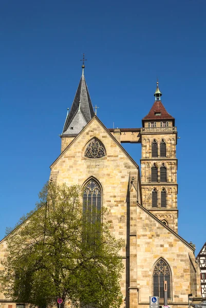Stadtkirche Dionys Igreja Com Altos Campanários Esslingen — Fotografia de Stock