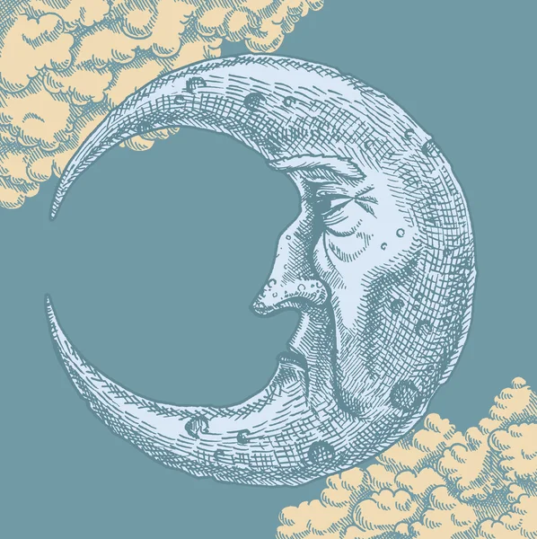 Crescent Moon ansikte Vintage teckning Royaltyfria illustrationer