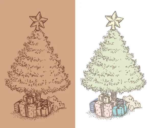 Çizilmiş vintage Noel ağacı çizim el Vektör Grafikler