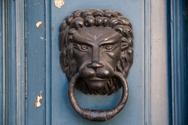 The close-up of an old door handle in a shape of lion head - Stock image