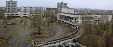 Pripyat, Chernobyl Bölge Merkezi kare panoramik manzaralı