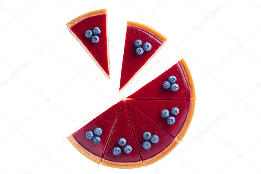 big red cheesecake with blueberries on a white background cut