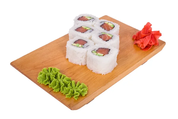 Japanese cuisine serving, roll sushi on wooden board isolated white background — Stock Photo, Image