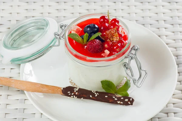 Panna cotta meyve ve hafif bir arka plan üzerinde çikolata sopa ile