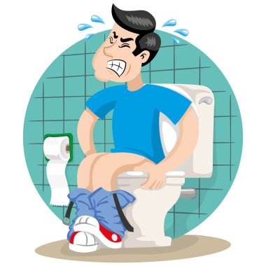 Mascot person man with diarrhea or stomach pain, symptom. Ideal for informational and institutional related to medicine clipart
