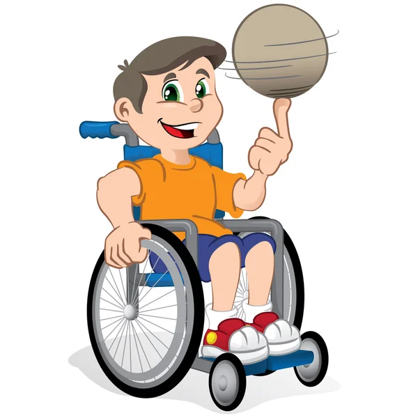 Niño silla de ruedas ilustración con una pelota, practicante de deporte. Ideal para catálogos, material informativo e institucional — Vector de stock