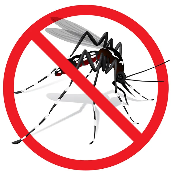 Natura, Aedes Aegypti Mosquito trampoli con segno proibito. Ideale per servizi igienico-sanitari informativi e istituzionali — Vettoriale Stock