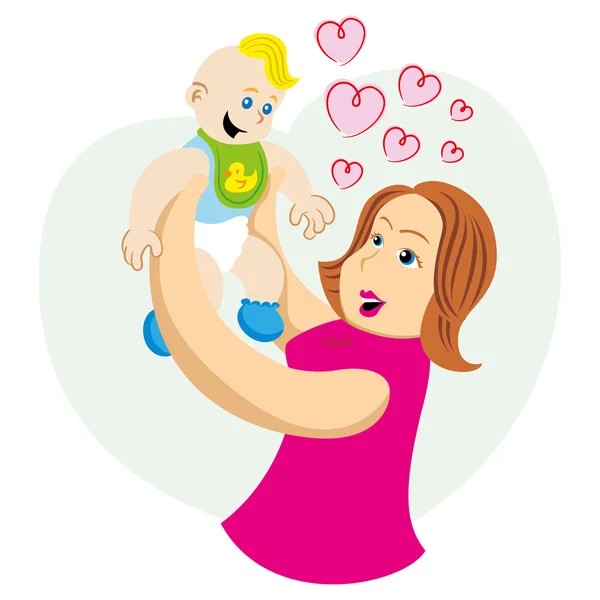 Mamma che solleva e gioca con il suo bambino. Ideale per cataloghi, guide informative e di gravidanza . — Vettoriale Stock