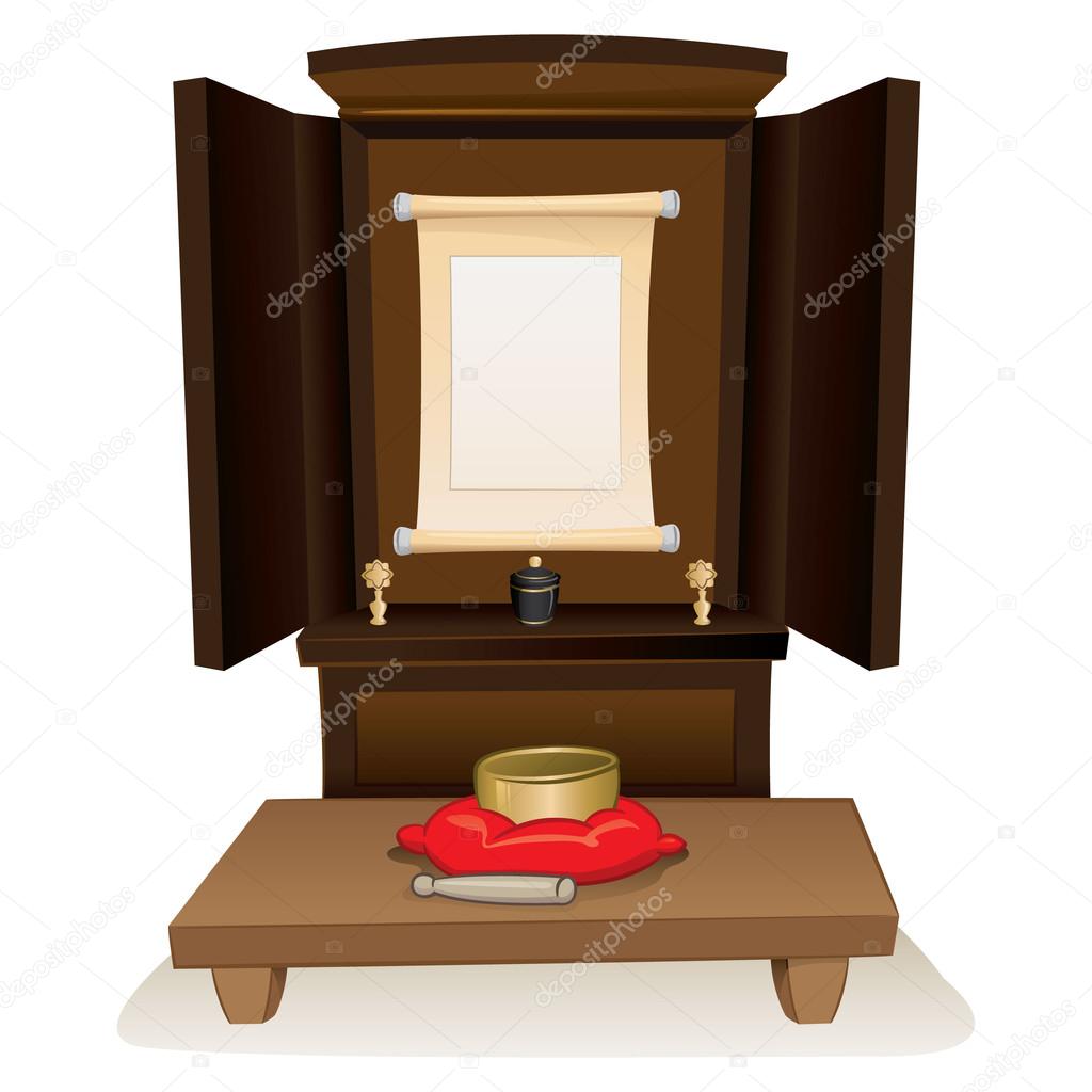 Illustration of a Buddhist shrine for offerings and prayers, philosophy religion. Ideal for institutional and religious materials