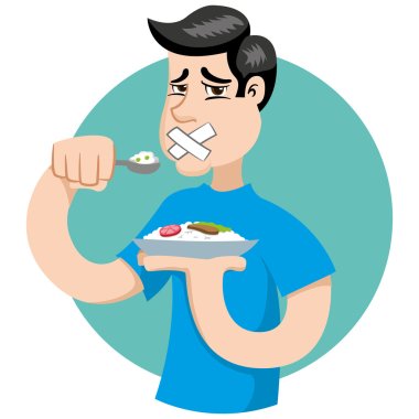 Illustration of a person with no appetite, fasting or making diet. Ideal for catalogs, informational and institutional material on nutrition