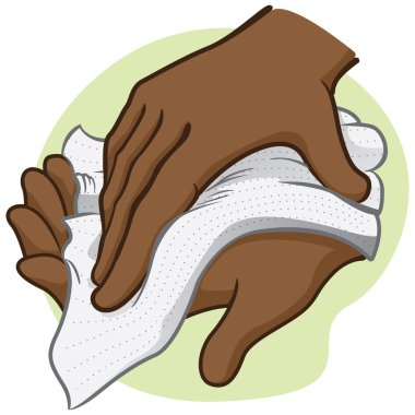 Bir kişinin bir kağıt havlu veya peçete, Afrika kökenli ellerini silme ve illüstrasyon. Kurumsal malzemeler ve kataloglar için idealdir