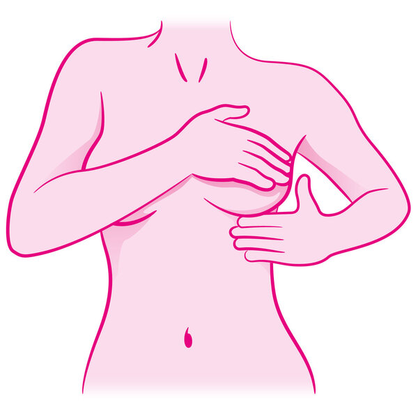Illustration of a woman touching her breasts doing self-examination for breast cancer, prevention and diagnosis for life. Ideal for institutional and educational materials