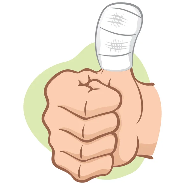 Ilustración que representa la mano de una persona con el pulgar vendado, caucásico. Ideal para material informativo e institucional — Vector de stock