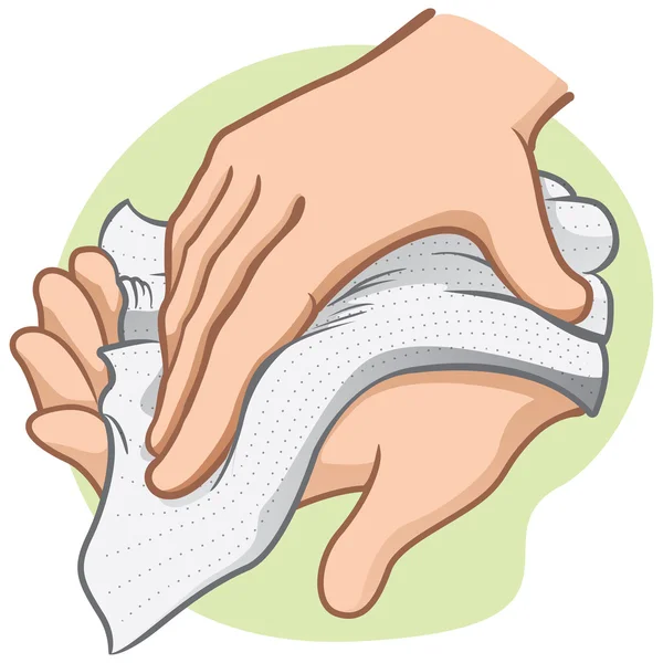 Illustration of a person wiping and wiping his hands with a paper towel or napkin, caucasian. Ideal for institutional materials and catalogs — Stock Vector