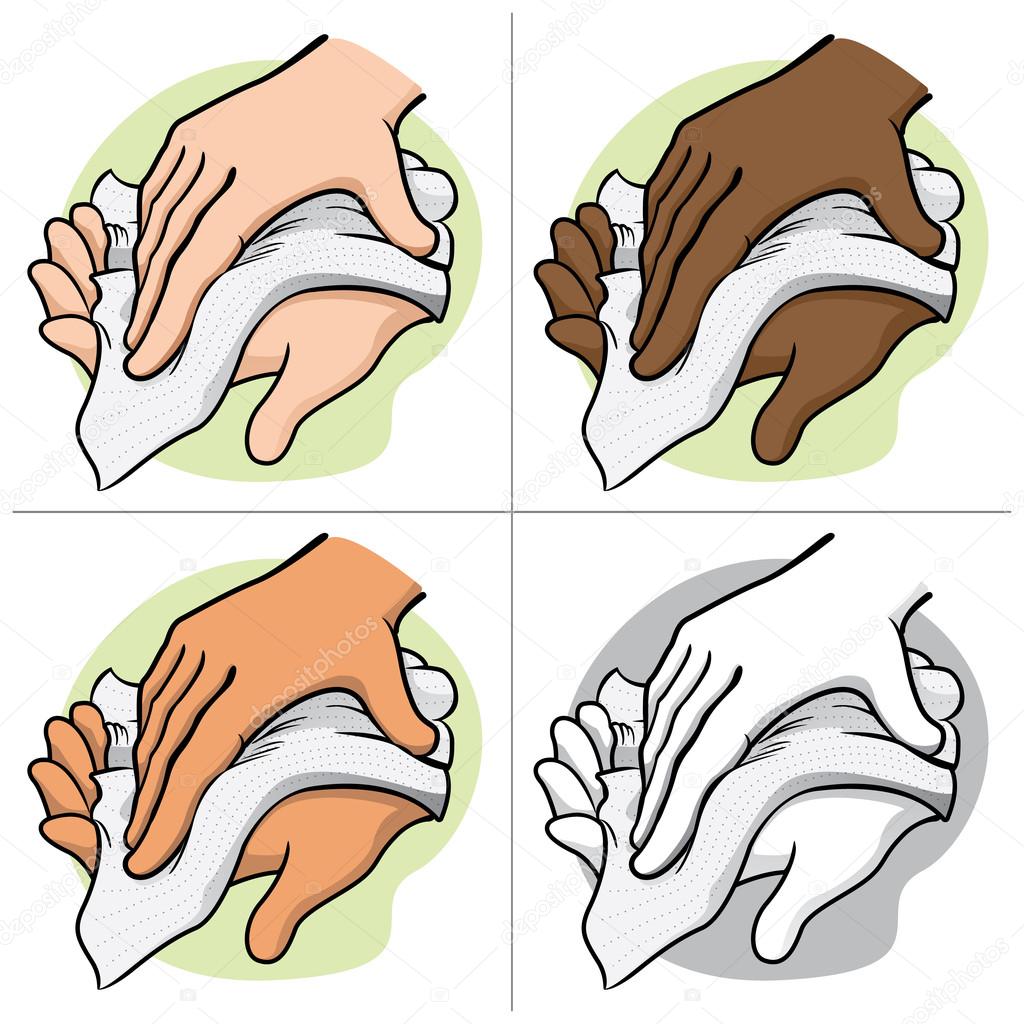 Illustration of a person wiping and wiping his hands with a paper towel or napkin, African descent. Ideal for institutional materials and catalogs