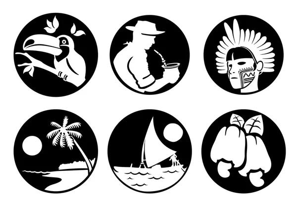 Ікони і культурні символи Бразилії звичаї фауни і флори, бразильського туризму. Ідеально підходить для інформаційно-інституційних пов'язаних з туризмом — стоковий вектор