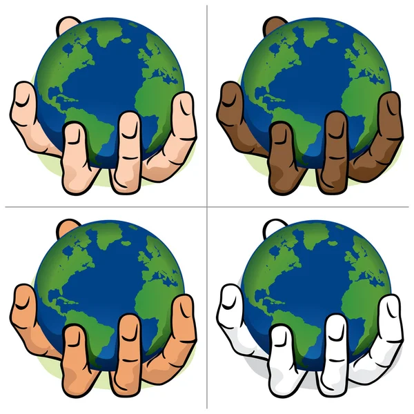 Mão de personagem segurando o planeta Terra. étnica. Ideal para informações e instituições —  Vetores de Stock